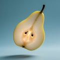 A digitally created image of a pear sliced in half, hovering against a blue background. Royalty Free Stock Photo