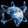 The digitally created image portrays Earth from space, with illuminated curved arrows Royalty Free Stock Photo