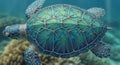 A digitally-created image of a sea turtle with a geometric, mosaic-like shell design. Royalty Free Stock Photo