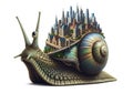 A digitally created image of a snail with a cityscape on its shell. The shell features an array of Royalty Free Stock Photo