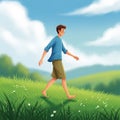 A digitally created image of a young man walking barefoot across a grassy meadow Royalty Free Stock Photo