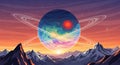 A digitally created landscape features a fantastical planet in the sky, adorned with Royalty Free Stock Photo