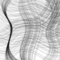 Wavy stripes randomly rotated, overlapping, in outlined, in monochrome black and white