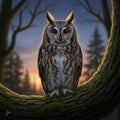 A digitally created scene featuring an owl perched on a moss-covered tree branch. Royalty Free Stock Photo