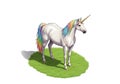 A digitally created unicorn stands on a small patch of green grass. The unicorn Royalty Free Stock Photo