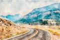 Digitally created watercolor painting of a curved paved road in Yellowstone National Park