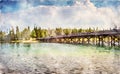 Digitally created watercolor painting of the historic Fishing Bridge in Yellowstone National Park Royalty Free Stock Photo