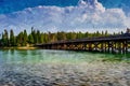 Digitally created watercolor painting of historic Fishing Bridge in Yellowstone Royalty Free Stock Photo