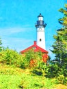 Digitally created watercolor painting of a Michigan lighthouse the Au Sable with blue sky