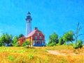 Digitally created watercolor painting of a Michigan lighthouse the Au Sable with blue sky