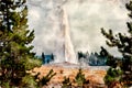 Digitally created watercolor painting of Old Faithful framed by pine trees, smoke filled sky erupting in Yellowstone