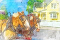 Digitally created watercolor painting of a pair of horses pulling a carriage on Mackinac Island Royalty Free Stock Photo