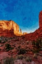 Digitally created watercolor painting of Park Avenue Trailhead view in Arches National Park, Moab, Utah