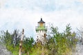 Digitally created watercolor painting of a the Tawas Point Lighthouse under repair as it towers over the wilderness