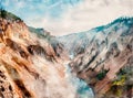 Digitally created watercolor painting of the view downstream of the Grand Canyon of Yellowstone
