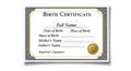 A digitally designed birth certificate template features a decorative blue and gold Royalty Free Stock Photo