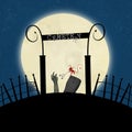 Cartoon Cemetery with a Little Devil and Zombie Hand in Front of a Full Moon Illustration
