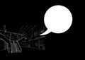 Digitally generated image of blank speech bubble over escalator drawing on black background