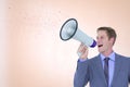 Digitally generated image of businessman talking on megaphone emitting various shapes Royalty Free Stock Photo