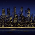 A digitally generated image of a city skyline at night. Tall skyscrapers with lit windows Royalty Free Stock Photo