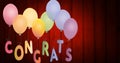 Digitally generated image of congrats text tied to colorful balloons against red wooden background