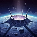 A digitally generated image depicting a cosmic landscape featuring a large, dramatic crater on a Royalty Free Stock Photo
