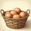 A digitally generated image depicts a woven wicker basket filled with brown eggs. Th Royalty Free Stock Photo