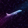 A digitally generated image features an airplane flying through a stylized night sky Royalty Free Stock Photo