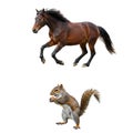 A digitally generated image features a brown horse in a dynamic running pose above