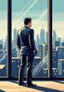 A digitally generated image features a man in a suit standing inside a modern high- Royalty Free Stock Photo