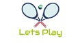 Digitally generated image of lets play text with tennis racket and ball on white background
