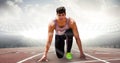 Digitally generated image of male athlete at starting point on racing track Royalty Free Stock Photo