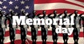 Digitally generated image of memorial day text over army soldiers saluting against america flag