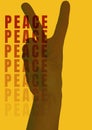 Digitally generated image of peace text and peace sign silhouette against yellow background