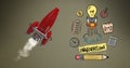 Digitally generated image of rocket flying by various icons against brown background