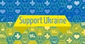 Digitally generated image of support ukraine text over icons on blue and yellow ukrainian flag Royalty Free Stock Photo