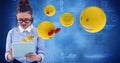 Digitally generated image of woman using tablet computer with emojis flying against tech graphics in Royalty Free Stock Photo