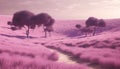A digitally generated landscape of a fantasy meadow at sunset generated by AI