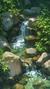 Small stream cascades over rocks lush green foliage forest illustration Royalty Free Stock Photo