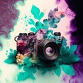 Digital slr camera surrounded by floral smoke. Ai generated.