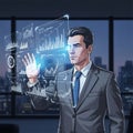 A digitally illustrated man in a suit interacts with a holographic interface. The display Royalty Free Stock Photo