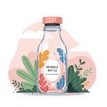 A digitally illustrated reusable bottle with a red cap, featuring colorful leaf patterns in Royalty Free Stock Photo