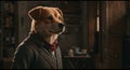 A digitally manipulated image features a dog with a realistic, expressive face, pos