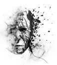 Digitally painted face in particle and smoking dust with thunder icon