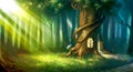 Digitally painted magic forest with cute fairy tale tree house