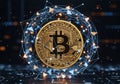 A digitally-rendered Bitcoin symbol centered on a coin, featuring intricate circuit-like patterns. Royalty Free Stock Photo