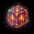 A digitally rendered cube composed of smaller, colorful blocks, reminiscent of a Royalty Free Stock Photo