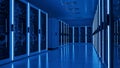 Modern Data Center Server Room with Blue Neon Lights Reflecting on Floor Royalty Free Stock Photo
