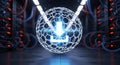 Data download concept rendering with a glowing spherical structure and an arrow symbol inside a server room environment background Royalty Free Stock Photo