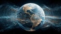 Digitally rendered Earth with colorful flowing data streams and glowing waveforms on dark background Royalty Free Stock Photo